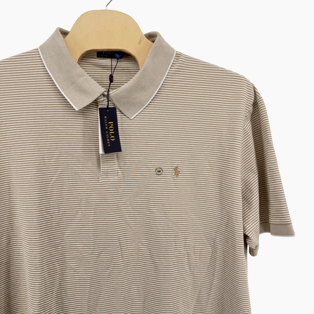 NEW Polo Ralph Lauren Polo Shirt Mens 4XB Beige/White Striped Short Sleeve Logo